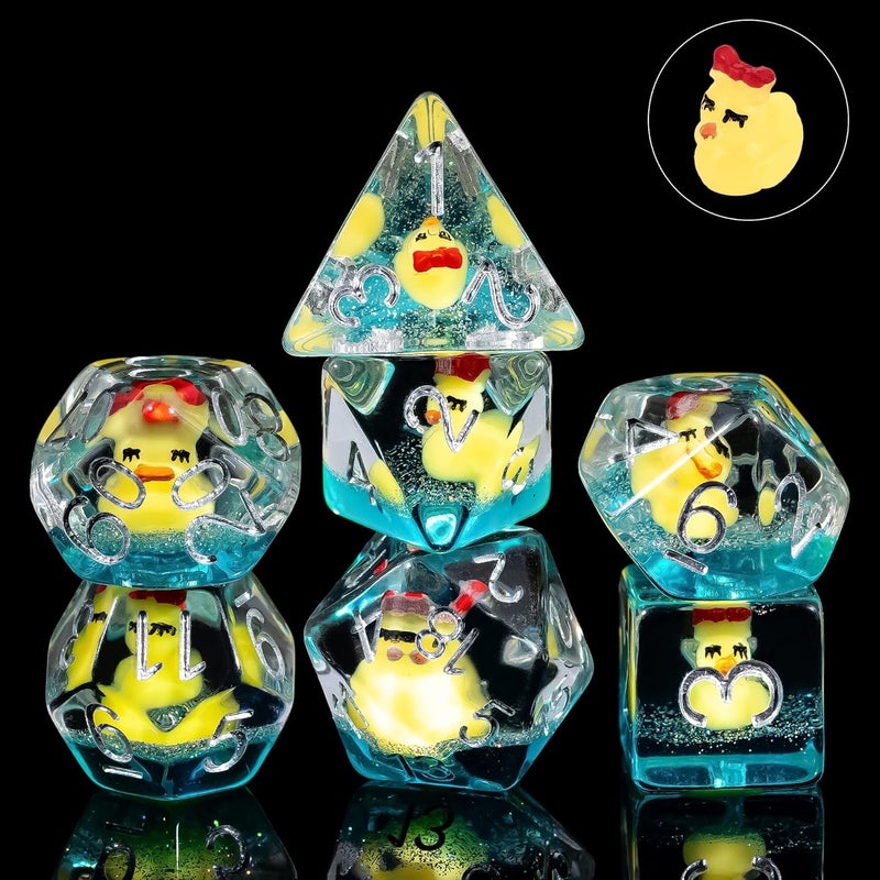 cusdie DND Dice Set - 7-Piece Transparent Resin Dice with Bow-Tied Duck Design, Perfect for Board Game Enthusiasts, Gifts, and Collectors - Comes with Velvet Pouch (Yellow Duck w/Bow) - Image 1